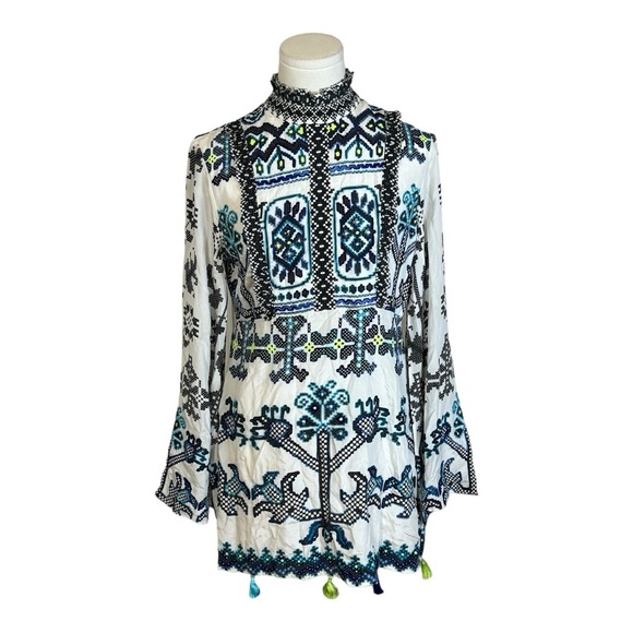 ROCOCO SAND 100% Silk Mini Dress Tassels Open Back size M Ruffles Vacation Party - Picture 4 of 13